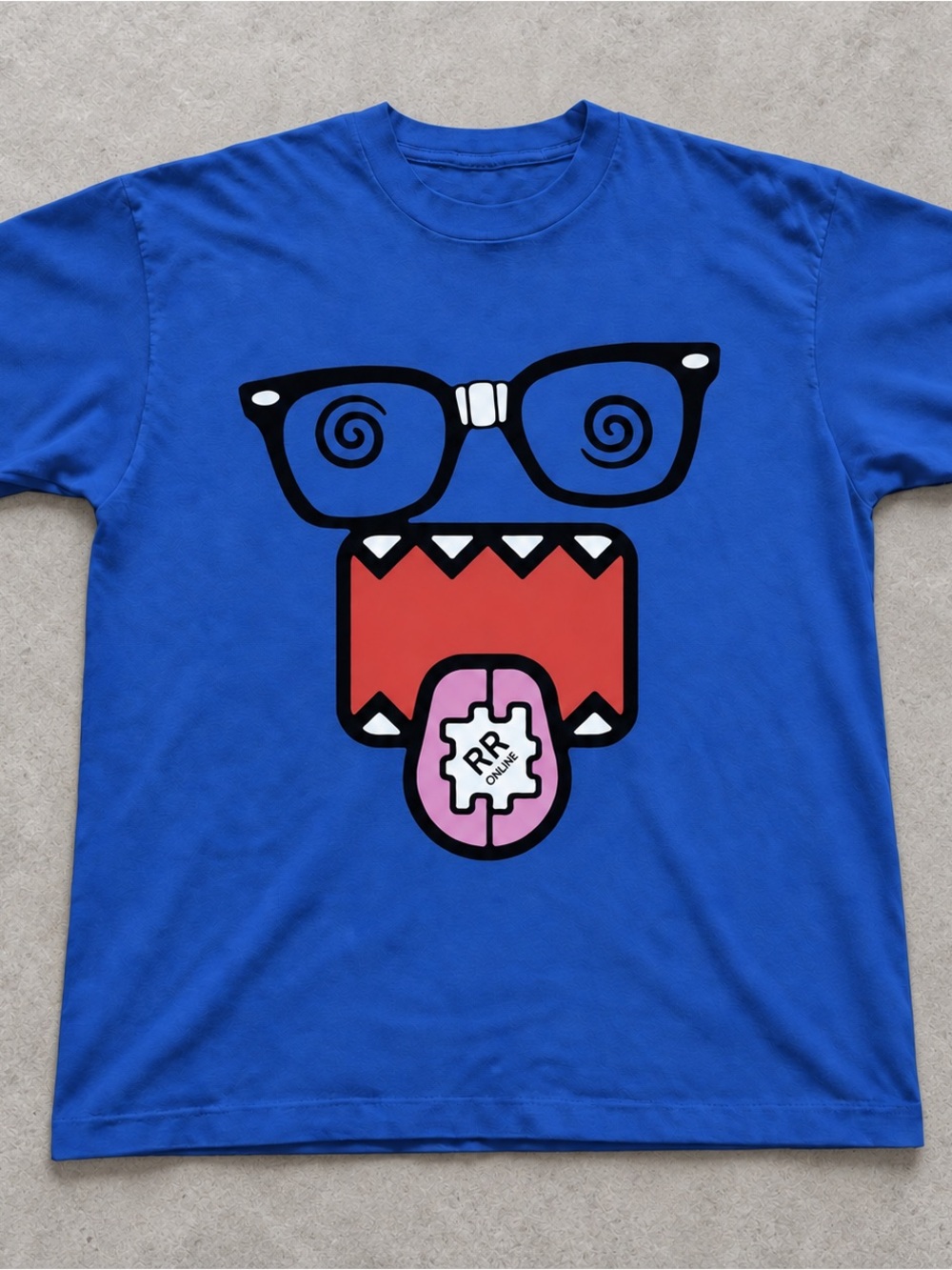 Gildan Blue Short‑Sleeve Tee with Red Mouth Graphic and Pink Tongue